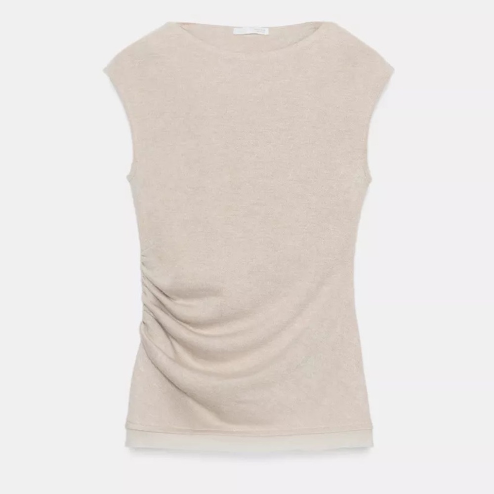 Zara NWT cream ruched draped side top